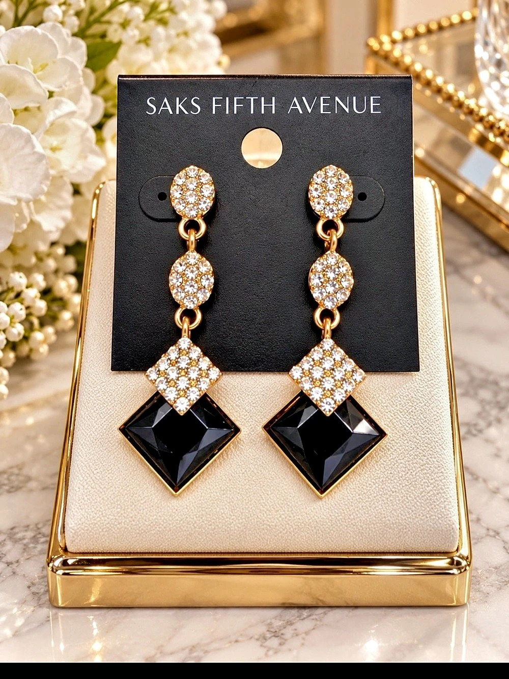 Saks Fifth Avenue Crystal Drop Earrings Black & Gold